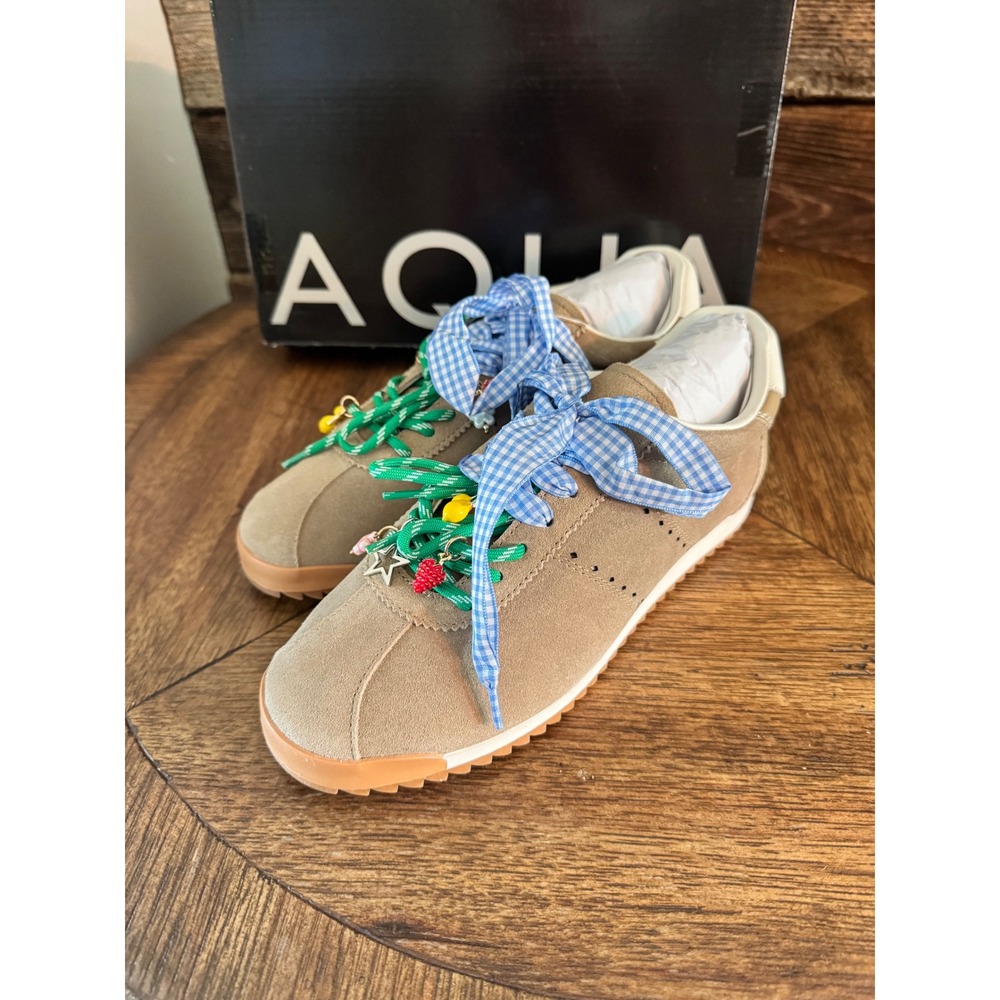 AQUA Mila Sand Suede Sneakers Gingham Bow Fruit Charms Bloomingdales Exclusi 8.5